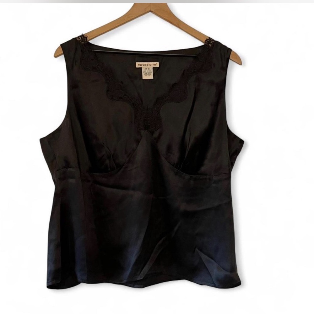 Notations Black 100% Silk Lace Trim Tank Top